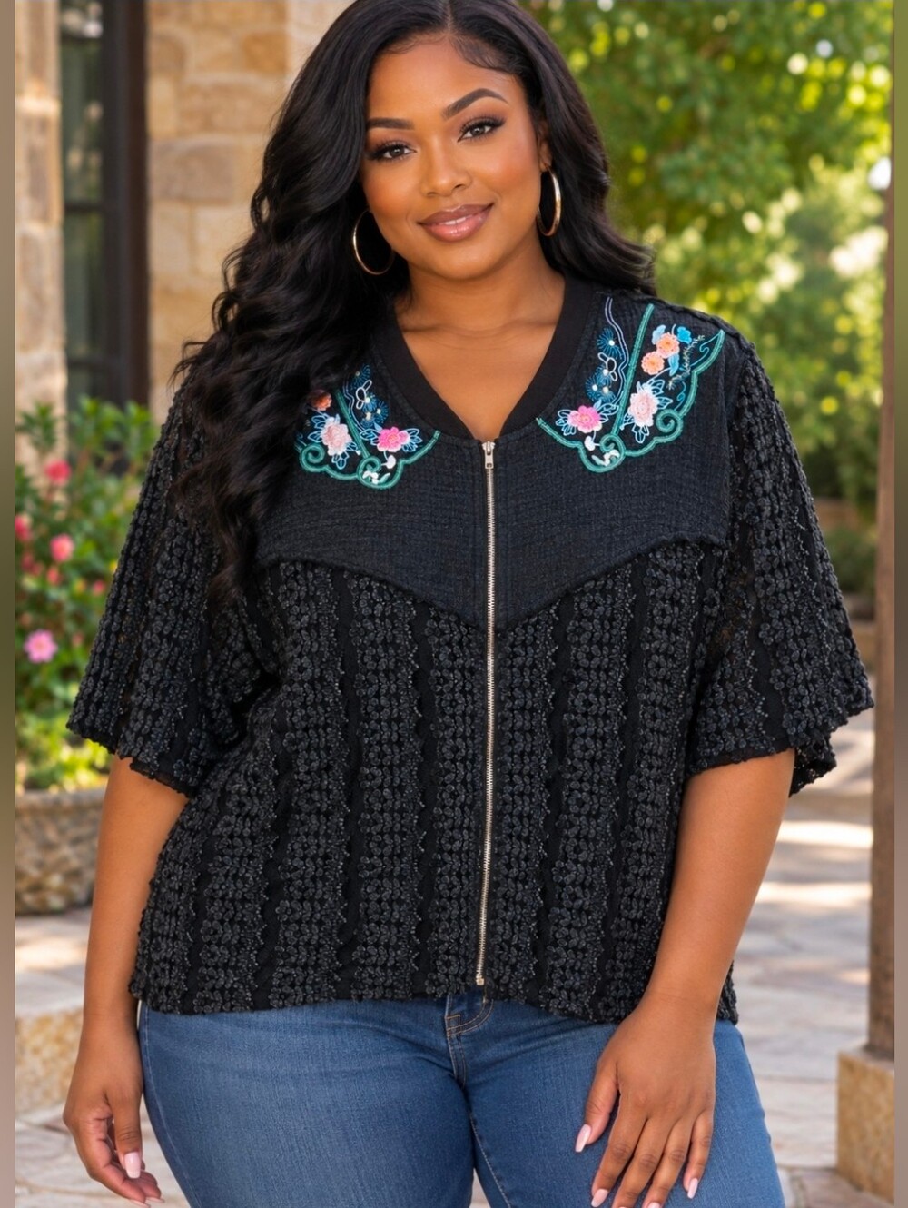 NEW!! POL Boho Western Black Embroidered Zip-Front Lace Blouse, Sz Small
